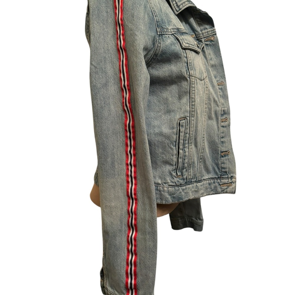 Guess Jean jacket Xl red white& blue stripe down sleeves